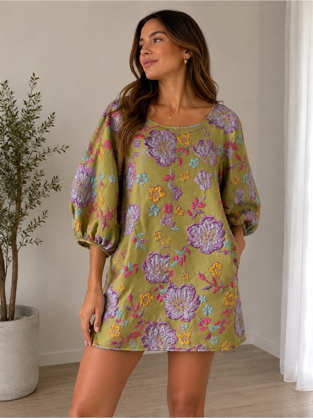 Free People Arianne Elmy Good Luck Puff Sleeve Designer Mini Flower Poplin Dress